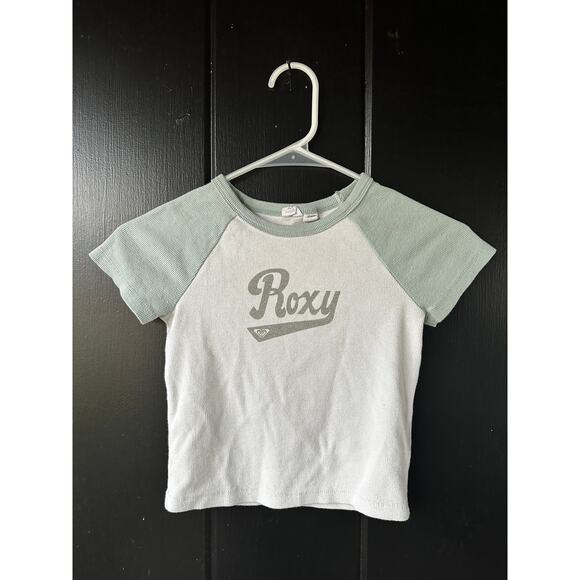 Roxy Raglan Baby Tee Women’s Medium Green White Ribbed Surf Graphic Top - Picture 1 of 4